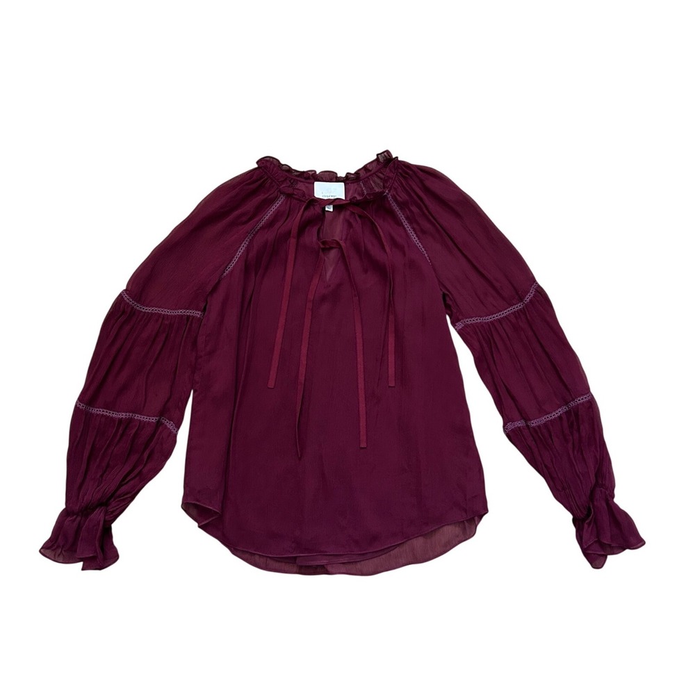 Cinq a Sept Silk Peasant Blouse Burgundy Lantern Sleeve Lace Trim XS Luxury Top
